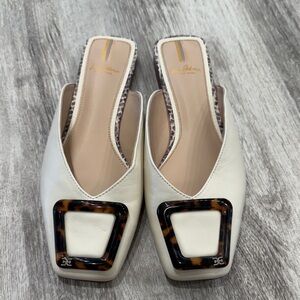 Sam Edelman White Leather Slide Mules with Tortoiseshell Buckle